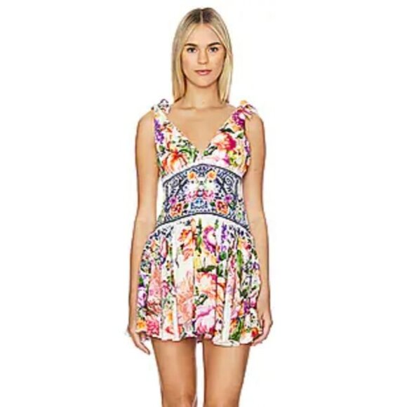 New Camilla Tie-Shoulder Floral Linen Silk Mini Dress NWT  - Size L - Picture 1 of 13